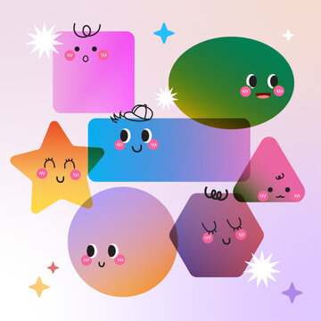 Flat Vector Geometry Shapes Elements with Colorful Gradients and Faces for Kids Learning and Education