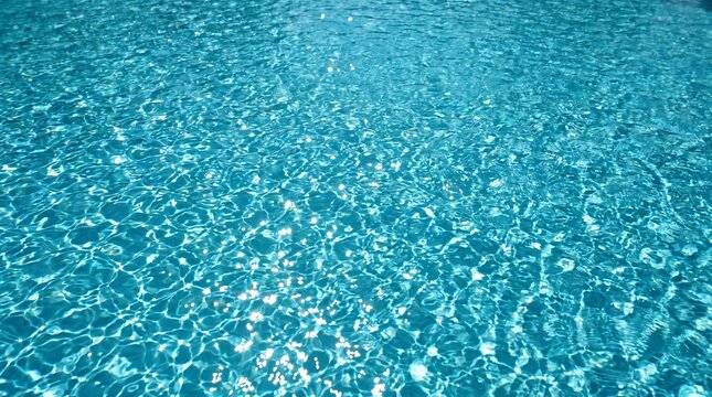 Sparkling turquoise swimming pool water with bright sunlight reflections, crystal clear ripples, summer vacation background, refreshing tropical resort vibes