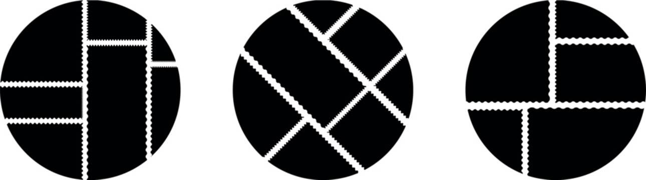 A set of three minimalist circular graphics in solid black each divided into abstract geometric sections by thin white lines. The segments are arranged in varying patterns creating unique visual compo
