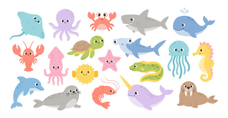 Set of cute sea animals. Funny ocean creatures in cartoon flat style with smiling faces. Isolated underwater wildlife collection for nursery, education, poster, sticker, baby design © Stacy Draw