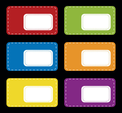 A set of six rectangular tags arranged in a 2x3 grid against a black background. Each tag features a solid colored border with a dashed line pattern and a central white rectangular area for text.
