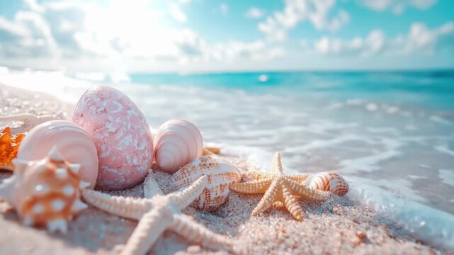 Colorful seashells and starfish on a sandy beach shoreline under a bright blue sky. Easter, Pascha, Paskha, Ostern, Pascua, Paques - Orthodox and Catholic Holiday celebration
