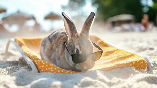 Cute rabbit relaxing on beach in sunglasses under sunny sky. Easter, Pascha, Paskha, Ostern, Pascua, Paques - Orthodox and Catholic Holiday celebration