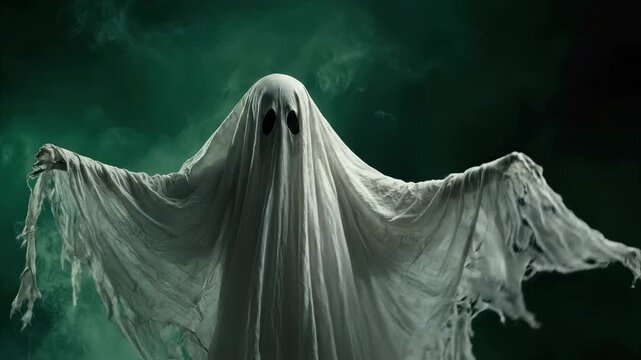 Spooky Ghost Figure in White Sheet Floating and Moving Arms Amidst Eerie Green Smoke and Mist in Dark Horror Setting