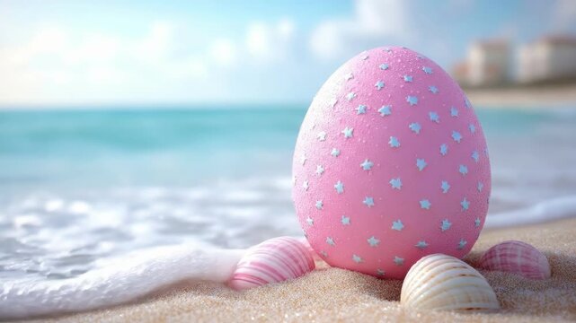Pink easter egg on sandy beach with seashells and ocean in background. Easter, Pascha, Paskha, Ostern, Pascua, Paques - Orthodox and Catholic Holiday celebration