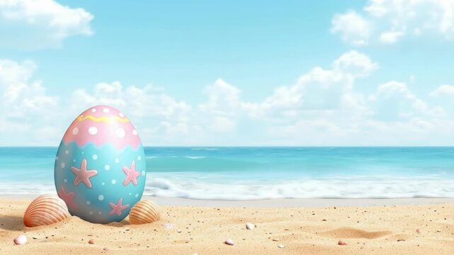 Colorful easter egg on sandy beach with seashells under clear blue sky. Easter, Pascha, Paskha, Ostern, Pascua, Paques - Orthodox and Catholic Holiday celebration