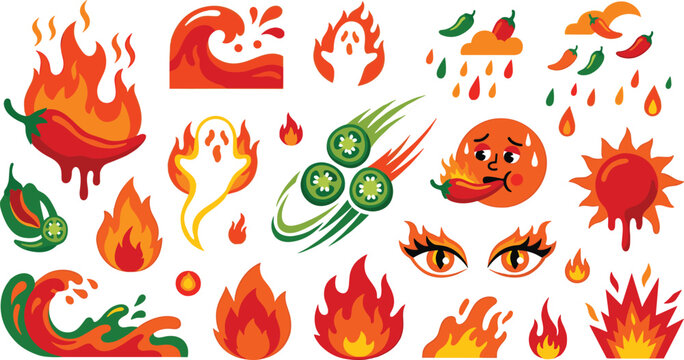Hot and spicy chili pepper fire icons with burning flame elements and heat splash shapes