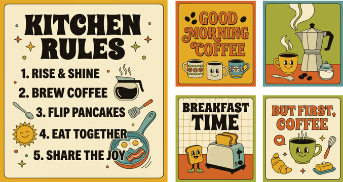 Retro kitchen rules posters with vintage breakfast illustrations and coffee themed quotes