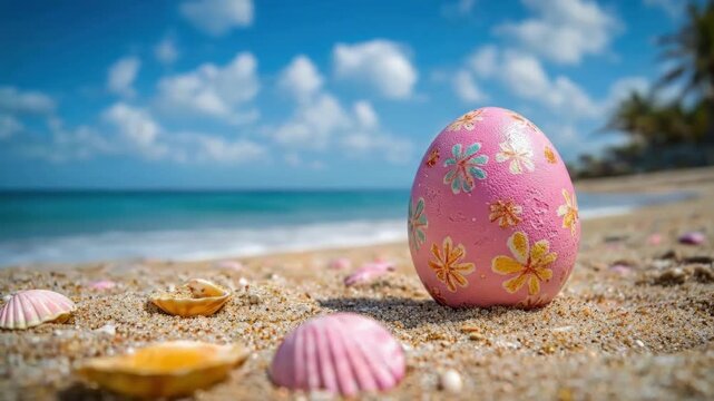 Colorful easter egg on sandy beach with seashells under blue sky. Easter, Pascha, Paskha, Ostern, Pascua, Paques - Orthodox and Catholic Holiday celebration