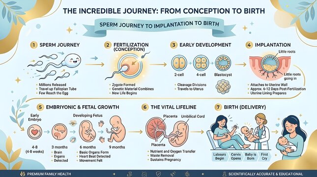 Human reproduction stages from sperm journey to newborn delivery illustration