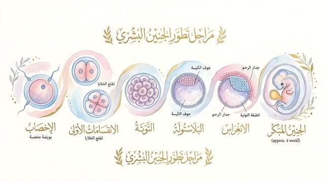 Human fetal development stages illustration with arabic text