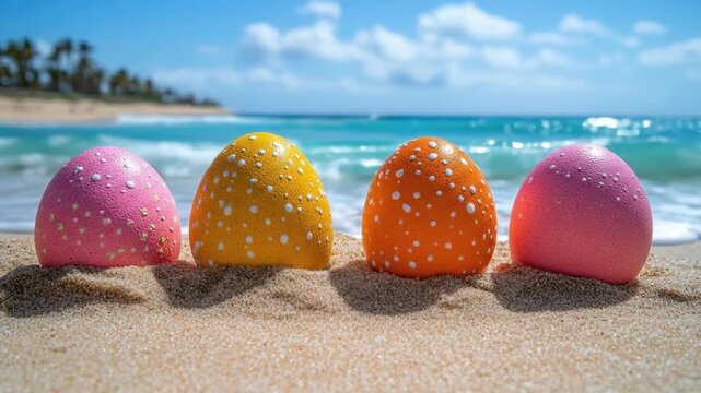 Colorful easter eggs arranged in sand on a tropical beach with ocean waves. Easter, Pascha, Paskha, Ostern, Pascua, Paques - Orthodox and Catholic Holiday celebration