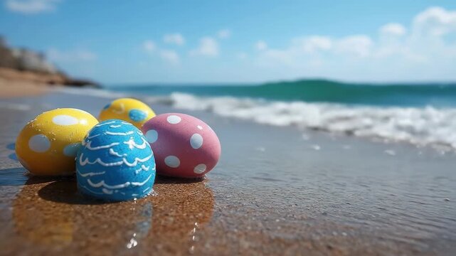 Colorful easter eggs on sandy beach with ocean waves under sunny sky. Easter, Pascha, Paskha, Ostern, Pascua, Paques - Orthodox and Catholic Holiday celebration