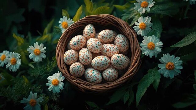 Basket of colorful speckled eggs surrounded by white daisies in a lush green garden setting. Easter, Pascha, Paskha, Ostern, Pascua, Paques - Orthodox and Catholic Holiday celebration