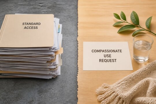 Paperwork stack with standard access and compassionate use request forms on desk for document review and approval concept