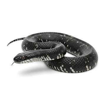 Black and white spotted snake slithering on white background