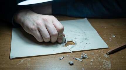 Naklejka premium A person's hand vigorously erases on paper, causing it to tear and crumble on a wooden table. Symbolizing the destructive impact of family conflict.