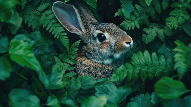 Brown rabbit peeking through lush green foliage and ferns with big ears. Easter, Pascha, Paskha, Ostern, Pascua, Paques - Orthodox and Catholic Holiday celebration