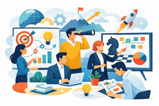 Illustration du concept de vision, objectif et travail d'&eacute;quipe en entreprise
