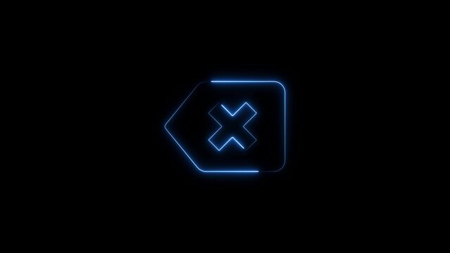 Neon blue backspace key with 'x' symbol on black background, keywords: neon, backspace, key, x