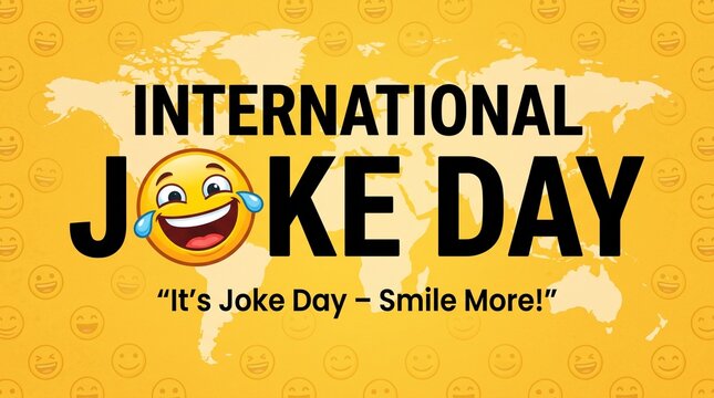 International Joke Day Graphic with Laughing Face and World Map on Yellow Background