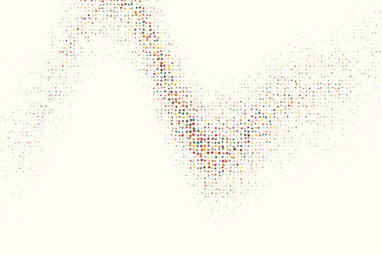 Abstract multicolored halftone dots forming a wave pattern on a white background