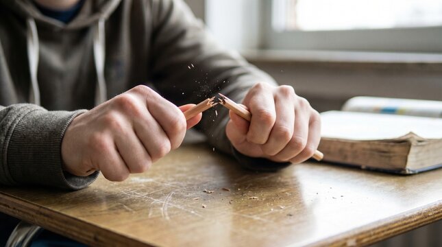 A person's hands are forcefully breaking a wooden pencil into pieces over a desk. Feeling of frustration, anger, and stress.