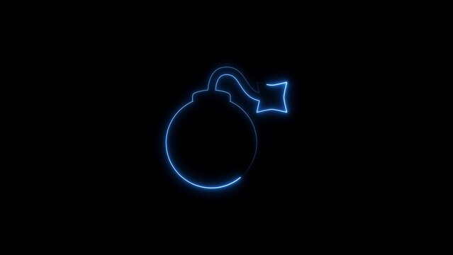 Neon blue outline of a bomb with a lit fuse on a black background.keywords: bomb, dynamite, neon