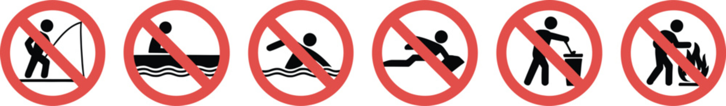 No swimming, no fishing no fire sign vector, red prohibition icons for public safety and rule enforcement design.