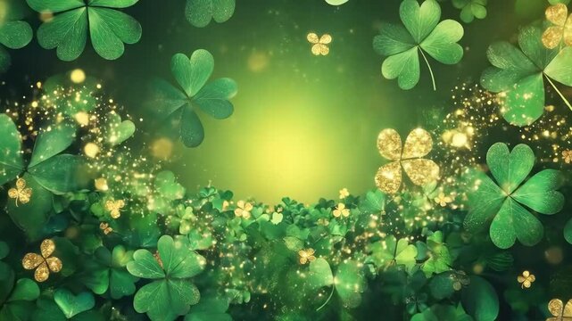 Lush green clover field with sparkling gold accents and shimmering background. Saint Patrick's Day, St Paddy's Day, St Patty's Day - Irish National Holiday and Cultural Celebration