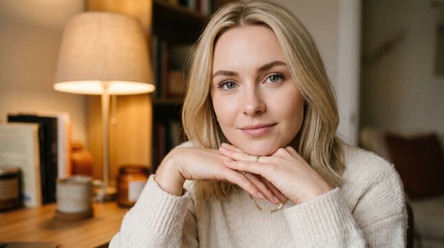 Woman with blonde hair resting chin on hands in a cozy room setting thinking thoughtful portrait caucasian interior