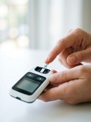 Fototapeta premium Woman checking blood glucose level with digital glucometer. Patient testing sugar at home. Diabetes management and medical diagnostic device. Health monitoring and chronic disease control.