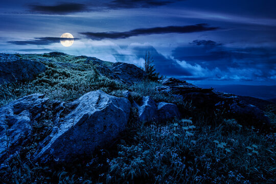 carpathian mountain summer landscape at night. full moon over alpine meadow with huge stones among the grass on top of the hillside near the peak of mountain range. mysterious dark sky view