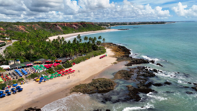 Coqueirinho Beach In Conde Paraiba Brazil. Stunning Tropical Coastline Beach Scene Viewed From Above. Shore Clouds Sky Beach Sea. Shore Beach Scenic Coastline. Conde Paraiba.