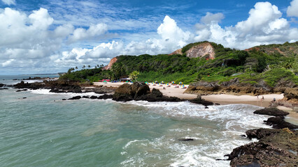 Fototapeta premium Tambaba Beach In Conde Paraiba Brazil. Bird Eye View Of A Amazing Coastal Beach In The Summer Holiday. Shore Horizon Beach Sea. Outdoors Beach Panorama. Conde Paraiba.
