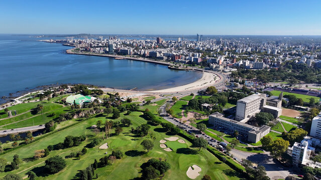 Montevideo Skyline In Maldonado Uruguay. Coastal City Landscape. Nature Seascape. Travel Destination. Montevideo Skyline At Montevideo In Maldonado Uruguay. Highrise Buildings.