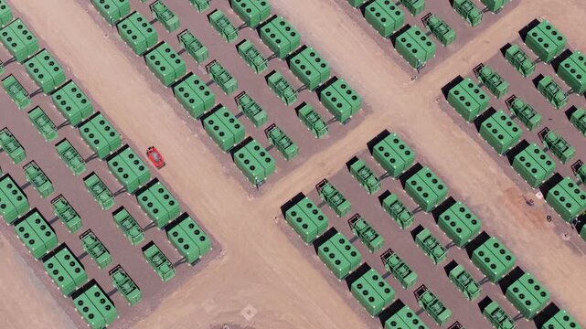 High angle aerial drone view of a large battery energy storage system BESS facility with rows of green containerized power modules for grid stability in Coleshill Warwickshire UK