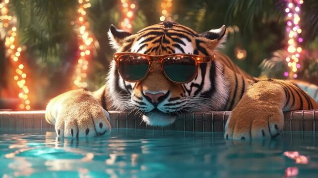 Tiger relaxing in pool with sunglasses near colorful lights