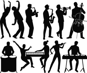 Music Band and Dancer Silhouette Collection with Jazz Musicians DJ Performance and Live Entertainment Vector Illustration © MdAbdullahAl