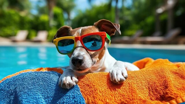 Small dog wearing colorful sunglasses relaxing by pool with towel