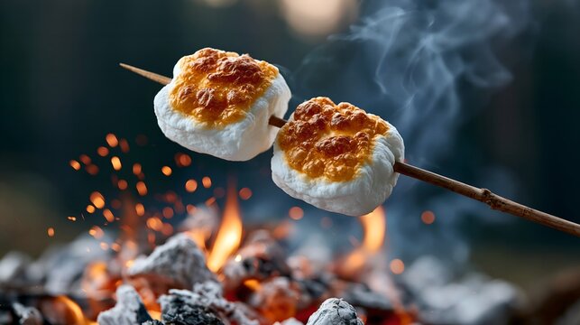 Two toasted marshmallows on a stick over campfire.