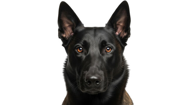Close-up portrait of a black belgian malinois dog with alert pointed ears and amber eyes, isolated against a solid black background