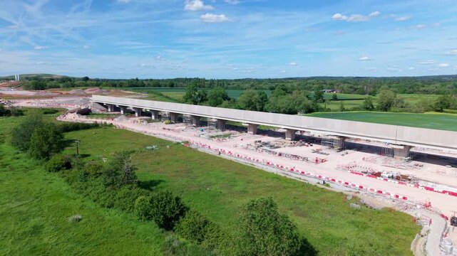 Aerial drone view of HS2 high speed rail construction works in the rural countryside near Hampton in Arden UK