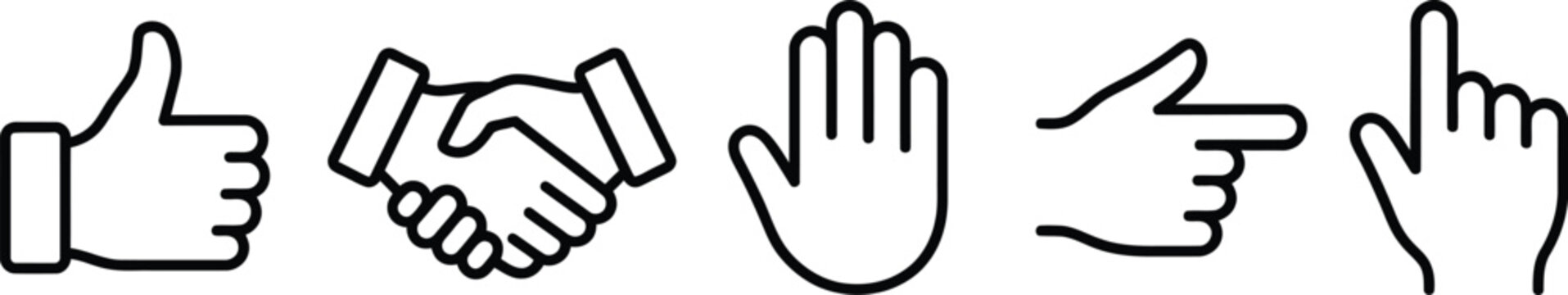 Hand gesture icons set including thumbs up, handshake, stop, and pointing vector.