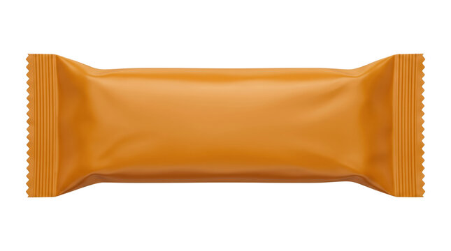 Blank orange snack bar wrapper glossy food packaging. Isolated on transparent background, png