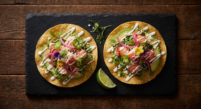 Gourmet lobster tostadas with avocado pickled onions jalapeno crema and edible flowers on slate board