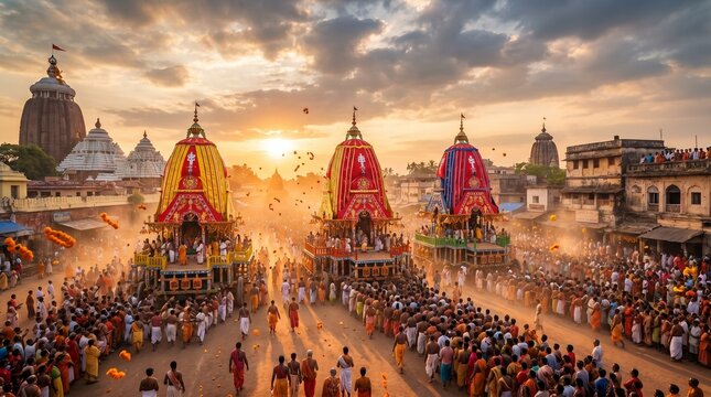 Grand Rath Yatra Festival Procession with Three Massive Wooden Chariots and Crowds of Devotees at Sunset