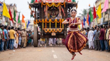 Obraz premium Classical Odissi Dancer Performing Gracefully in Front of the Moving Chariot During Rath Yatra Festival