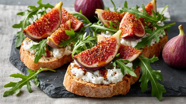 Fresh fig slices topped with goat cheese and arugula.