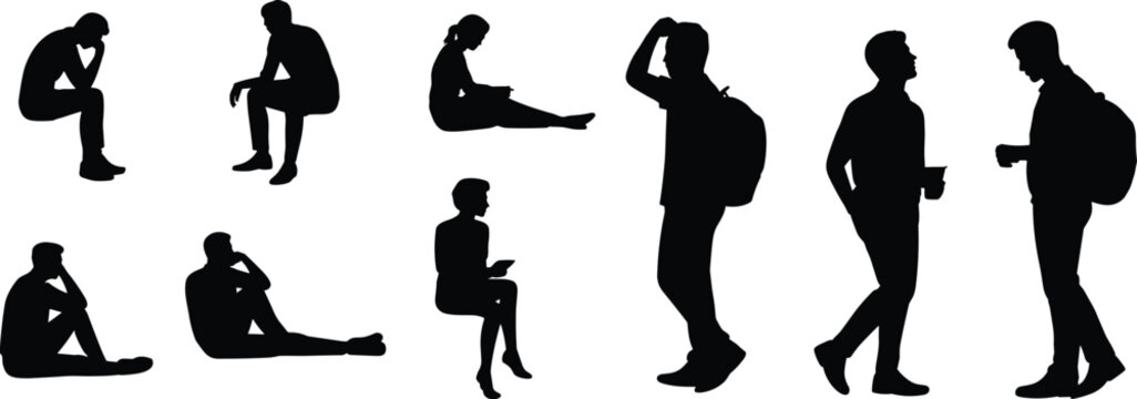 People Sitting and Standing Silhouette Set with Backpack Travelers and Casual Human Poses Vector Illustration Collection